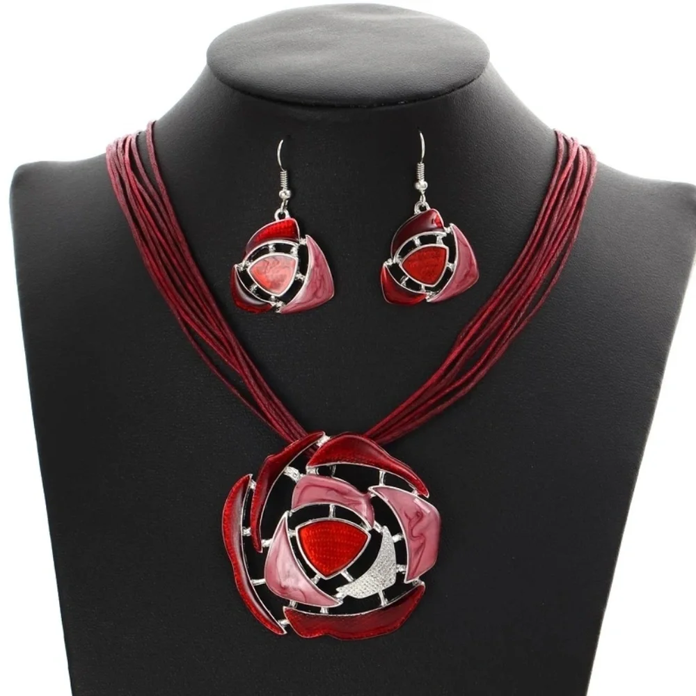 Elegant Red Floral Statement Necklace and Earring Set